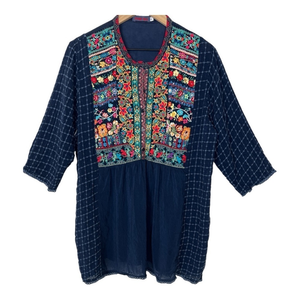 Johnny Was Sz Large Embroidered Tunic Top Blue Rayon Button Popover Boho - Picture 1 of 10
